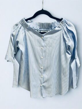 Haute Project LA Striped Off The Shoulder Blouse Tie Cuffs Blue White Button S